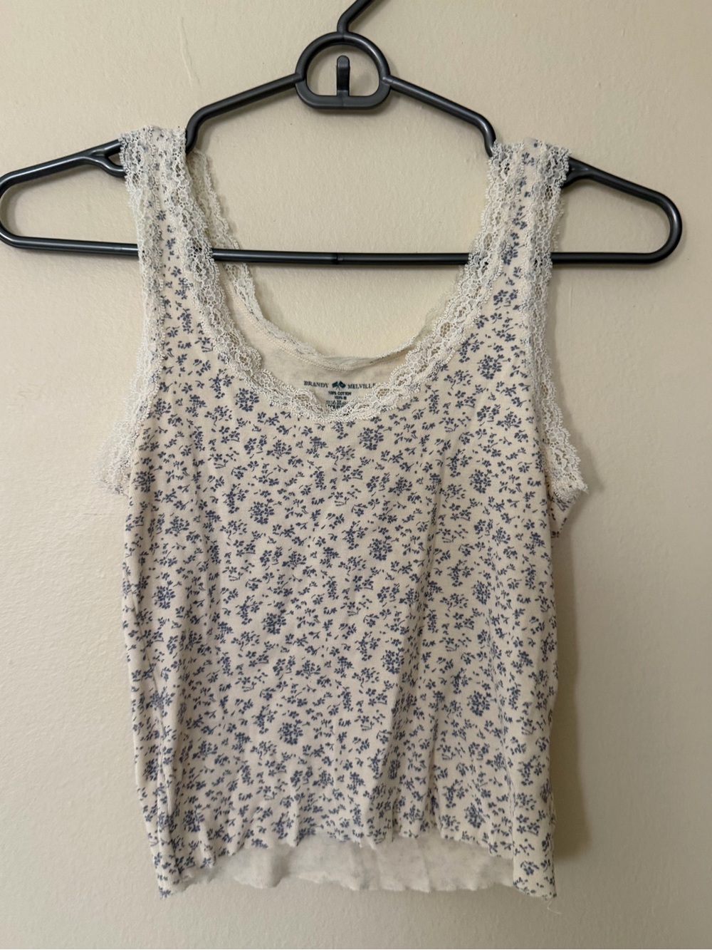 Brandy Melville Cream Tank Top with Navy Floral Print and Lace Trim